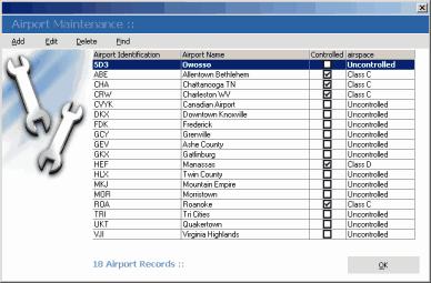 Record Maintenance 30 6.4 Airport Maintenance The airport grid is where you add, edit, and delete airport records. To view the airport grid select "Maintenance->Airports.