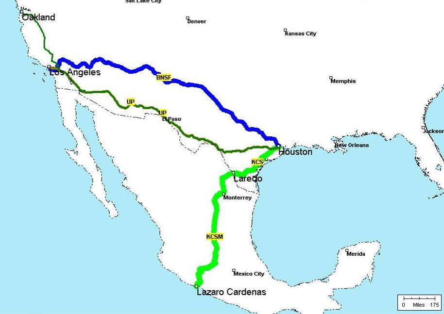 The Lazaro Land Bridge Route Advantage The Lazaro Cardenas Houston route is 335 rail miles shorter than the LA Houston Route.