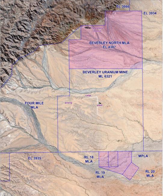 Site Map Heathgate owns the Beverley Uranium Mine lease and adjacent leases shown in pink