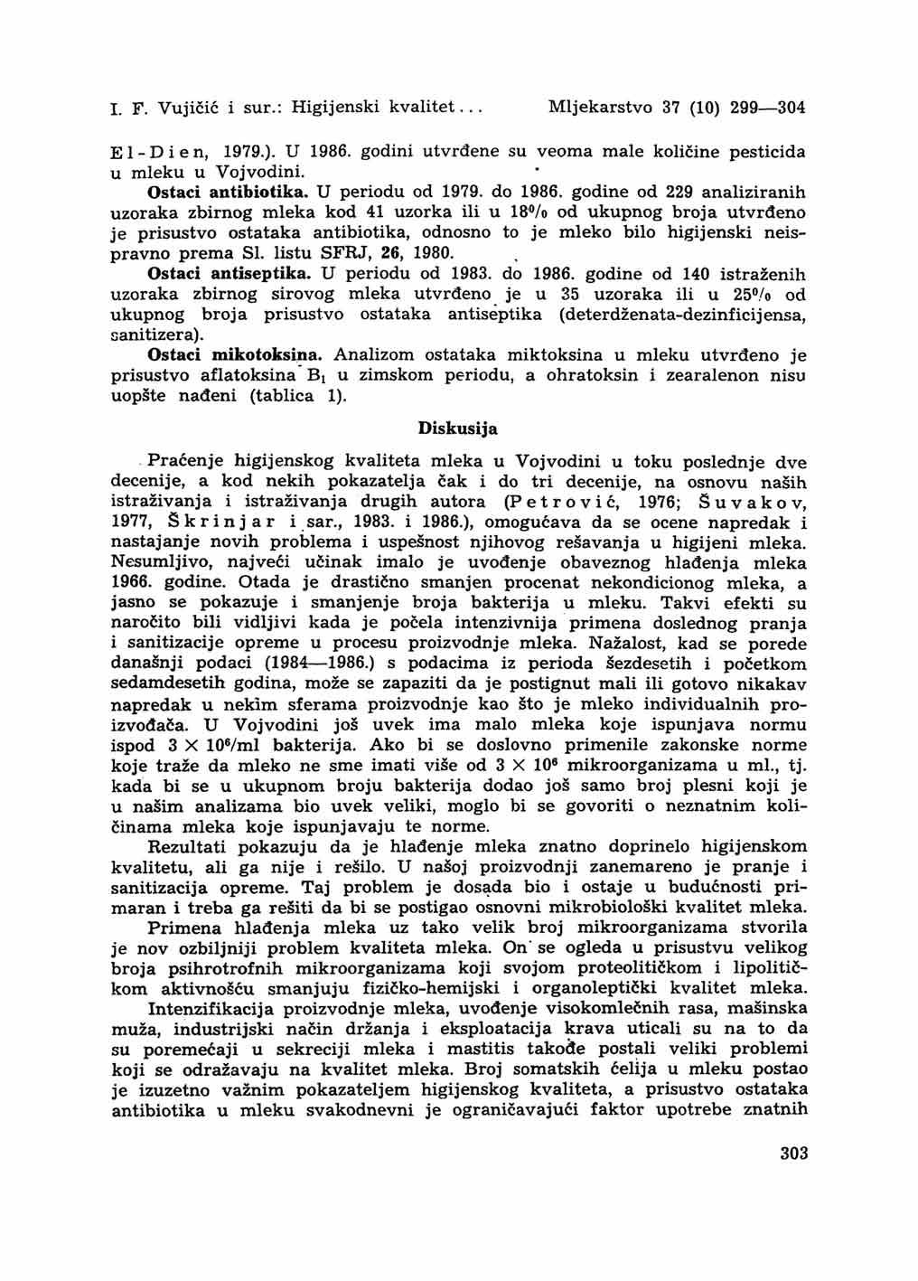 I. F. Vujičič i sur.: Higijenski kvalitet... Mljekarstvo 37 (10) 299 304 E 1 - D i e n, 1979.)- U 1986. godini utvrđene su veoma male količine pesticida u mleku u Vojvodini. Ostaci antibiotika.