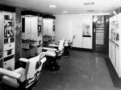 40 RMS Caronia: Cunard s Green Goddess Tyme For Men. Located amidships on Main Deck, the first-class barber shop is seen here as it appeared after the 1965 refit.