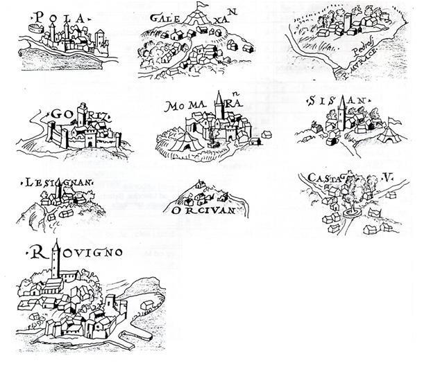 92 Sošić, A. 2012. Kartografija Istre s posebnim poudarkom na razvoju kartografskega izražanja. Slika 28: Prikaz nekaterih mest in vasi na Dell' Ochovi karti.