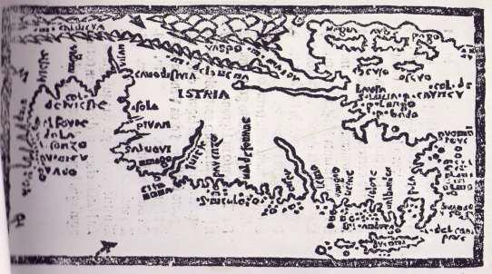 Sošić, A. 2012. Kartografija Istre s posebnim poudarkom na razvoju kartografskega izražanja. 41 kot na karti Istre iz l. 1525. Vendar lega ni enaka niti v celoti niti v detajlih.