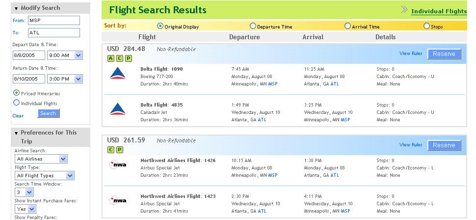 Step Four Flight Search Results. Clicking Search for Flights benchmarks company contract airfare options with the lowest price flights available.
