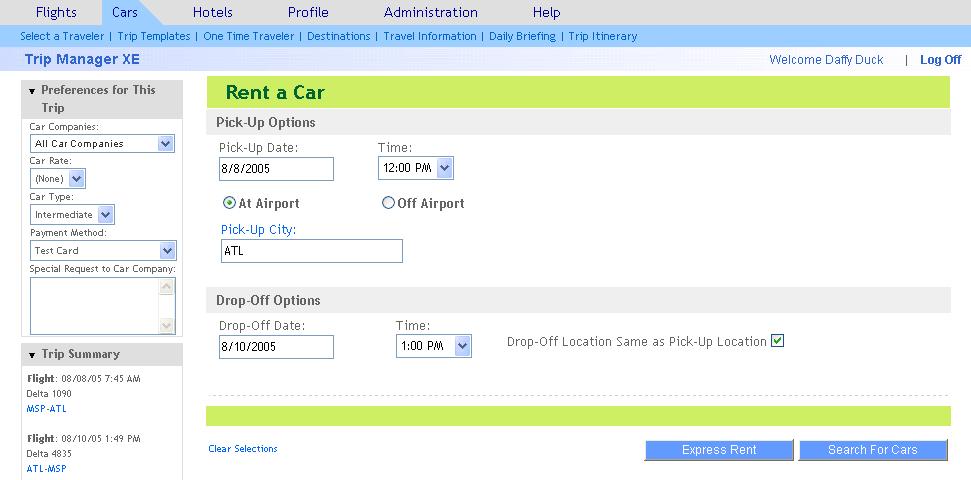 Links provide access to more detailed information for the flights, cars and hotels booked, and allow changes to the itinerary. Any car or hotel listed on this page is reserved, but not prepaid.