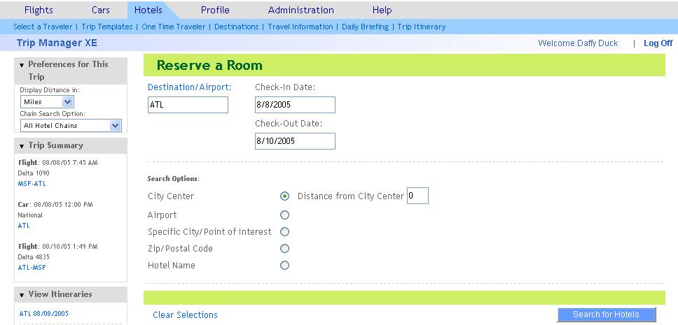 Screen Six Reserve a Room. Click Hotels to reach the Reserve a Room search screen. Data is prepopulated if air has been booked, change as necessary.