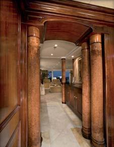 Organised around a central island, the galley is panelled in stainless steel and has granite working surfaces; a stairway connects it to the pantry on the bridge deck to guarantee discrete and