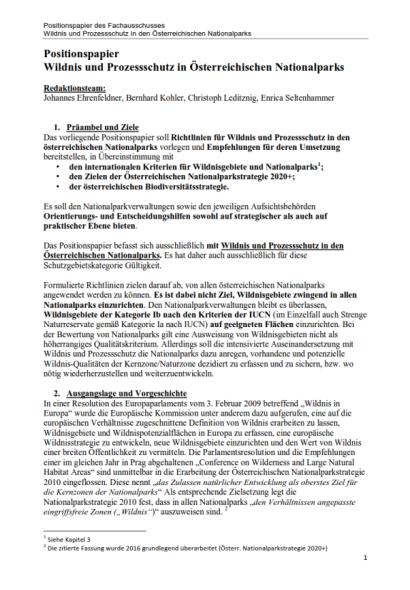 Position paper on Wilderness and Process Protection Introductory chapters of the paper: Relations to existing legal framework (CBD, Alpine Convention, EU Birds- & Habitat-Directives, Austrian