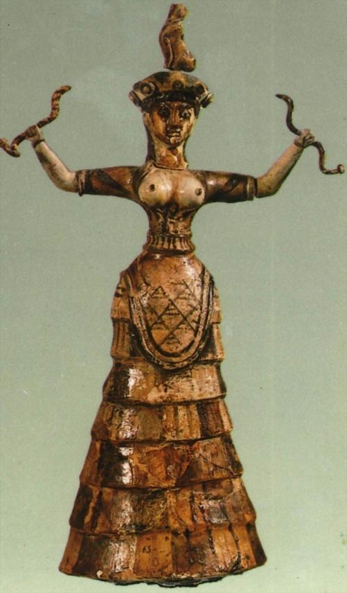 Snake Goddess In contrast to Mesopotamia and Egypt, no temples or monumental statues of gods, kings, or monsters have been found faience (glazed earthenware) statuette from the palace at