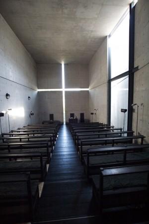 at the site The Church of the Light consists of three 59m concrete cubes (59m wide x 177m long x 59m high) penetrated by a wall angled at 15, dividing the cube into the chapel and the entrance area