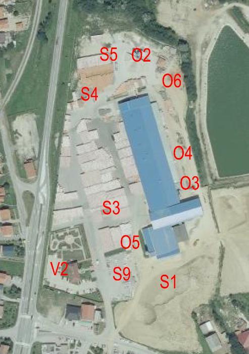 Slika 1: Ortofoto karta lokacije postrojenja sa mjestima emisija (izvan proizvodne hale) S5