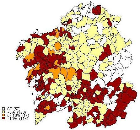 Mapa de radón de Galicia.