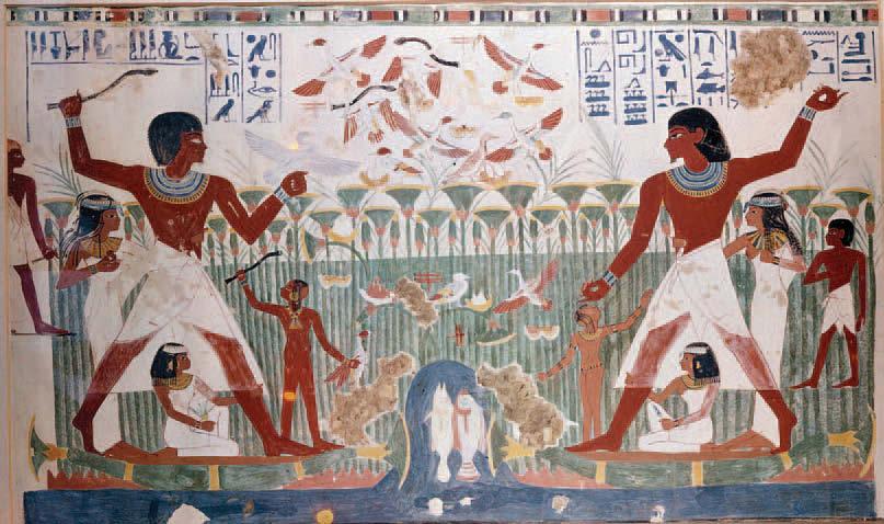 Discover Ancient Egypt Tomb painting of two noblemen hunting wild birds in the Nile marshes.