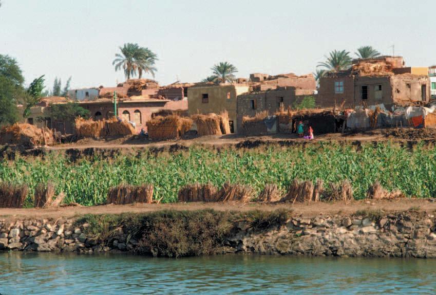 Family Life and Education Mud-brick homes overlook a river in Egypt