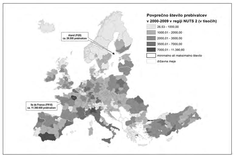 Slika 2: Povprečno število prebivalcev v regijah na ravni NUTS 2 v državah članicah EU in državah kandidatkah v obdobju 2000 2009 (v tisočih)