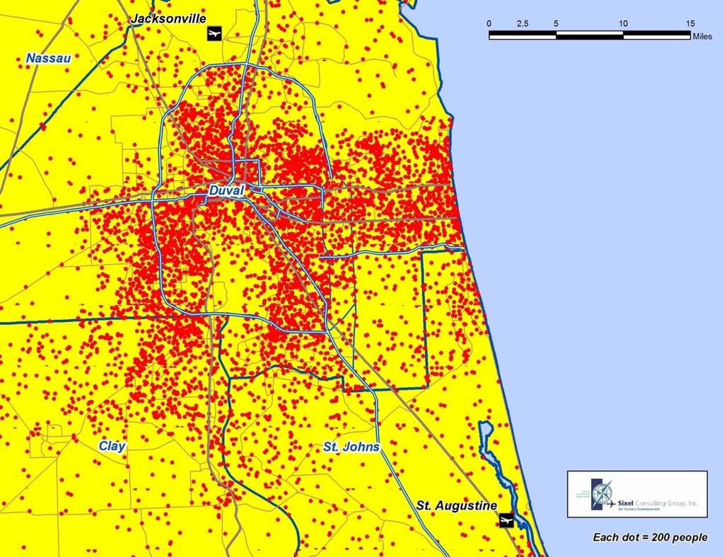 The geographic center of the six county area s population is actually south of downtown Jacksonville and about equal distant from Northeast Florida Regional Airport and Jacksonville International
