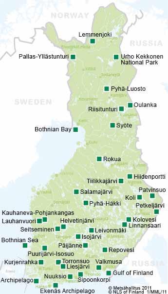 National Parks in Finland on state owned lands extensive nature conservation areas minimum 1000 hectares ensuring biodiversity giving