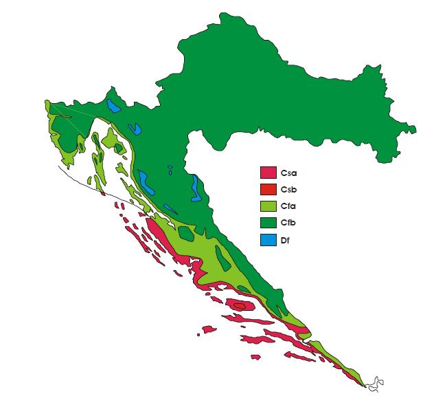 Slika 4. Geografska raspodjela klimatskih tipova po W. Köppenu u Hrvatskoj u standardnom razdoblju 1961. 1990.
