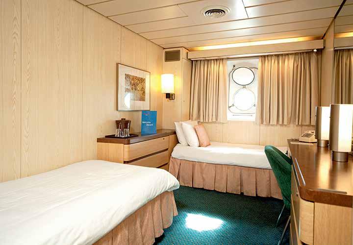 All cabins have 2 full length wardrobes, en suite bathroom with shower and WC, colour TV, safe - at a charge, and hairdryer. All are fully air-conditioned. Standard cabins are between 13 and 16m².
