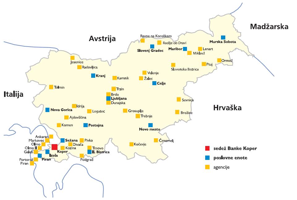 Na sliki 1 je prikazana poslovna mreža Banke Koper na slovenskem ozemlju.