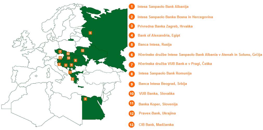 Slika 4 prikazuje mrežo trinajstih hčerinskih bank skupine Intesa Sanpaolo v Evropi in Afriki. Slika 4: Mednarodna bančna mreža skupine Intesa Sanpaolo Vir: Intesa Sanpaolo s.p.a. Brochure: Presentazione del gruppo Intesa Sanpaolo, 2010, str.