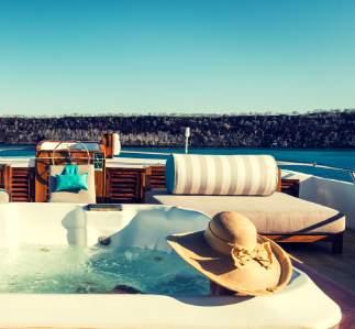The Sun Deck has plenty sunbeds for those guests willing to rest or enjoying the astonishing seascapes All the amenities on board