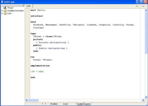 Zadatak 1. Kreirajte još jedan osnovni junit (File/New) i pogledajte kod. Dvostrukim klikom na formu Delphi će prikazati nov junit u editor koda (Code Editor) Prazan Pascal junit.