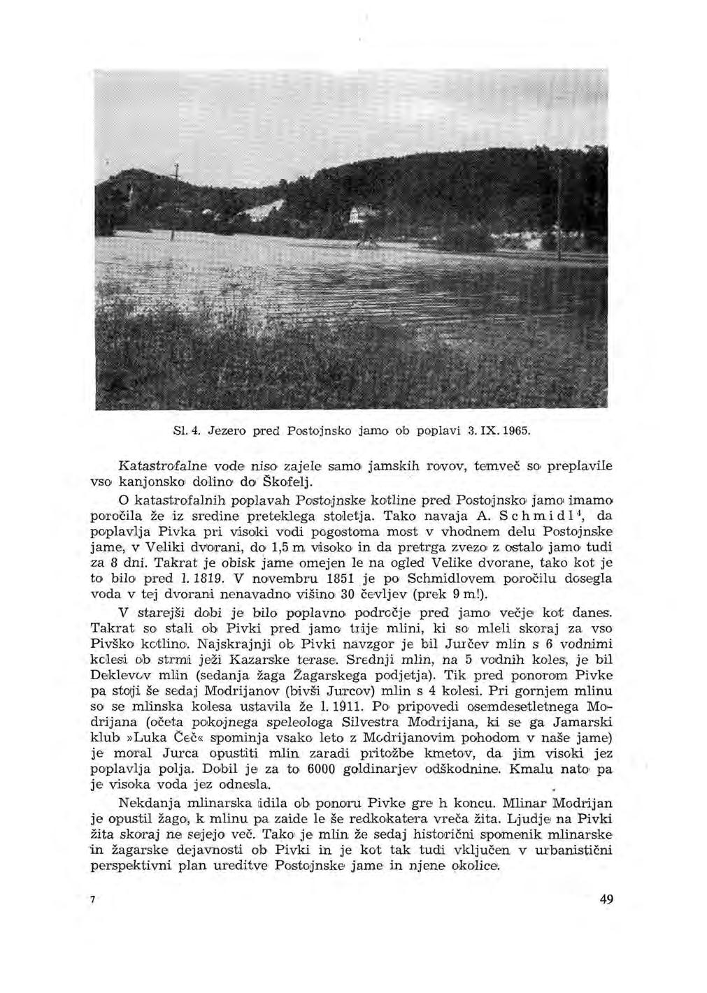 Sl. 4. Jezero pred Postojnsko jamo ob poplavi 3. IX. 1965. Katastro-falne vode niso zajele samo jamskih rwov, temveč so preplavile vso kanjonsko dolino do Škofelj.