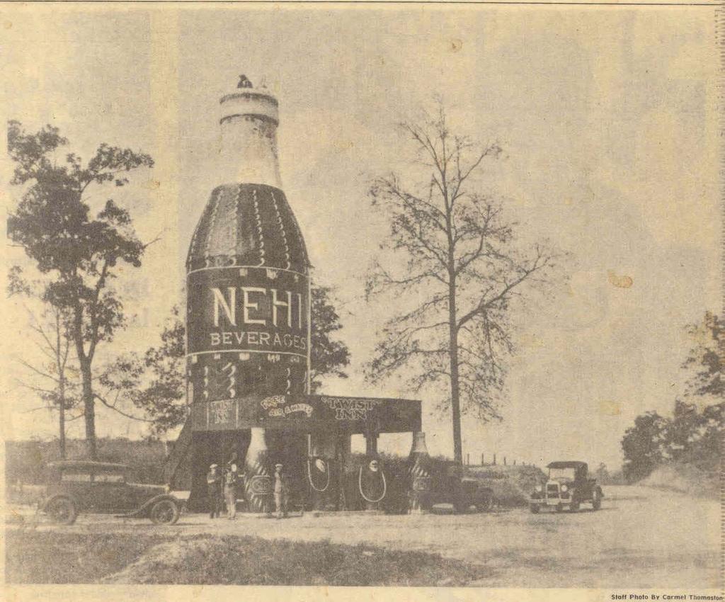 Built in 1924 by John Chero-cola Williams of Opelika, the Bottle was a giant bright orange Nehi Bottle built of wood.