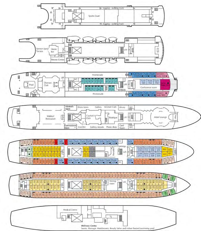 Astor deck plan Sonnen Deck Brucken Deck Boots Deck Promenaden Deck Atlantic Deck Baltic Deck Caribic Deck Third berth (ie 102) Third & Fourth berth
