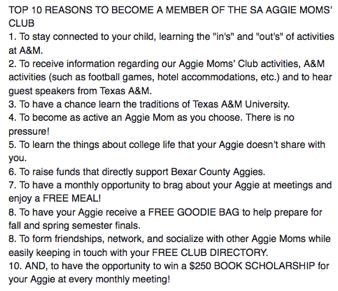 AUGUST 2015 San Antonio Aggie Moms Club The A!ie Moms Connection Howdy, Aggie Moms! August 4th is our first San Antonio Aggie Moms' Club meeting of the year! WHOOP!