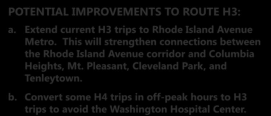 Run off-peak trips every 3 minutes just Dupont Circle or Foggy Botm. Service would run in both directions all day. b. Convert some H4 trips in off-peak hours H3 trips avoid the Washingn Hospital Center.