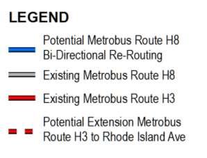 Route H8 would run as a bi-directional loop (clockwise and counter-clockwise) that combines the current H8 routing (starting at Brookland Metro) with the H2-3-4 routing along Michigan