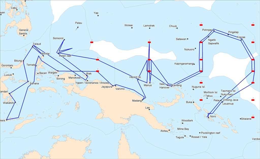Figure 1. Indicative cruise track for tagging cruise WP3. Red symbols indicate TAO buoy locations. 3.2 CP3 NOAA TAO Oceanographic Buoys between 140 W - 1 W longitude.