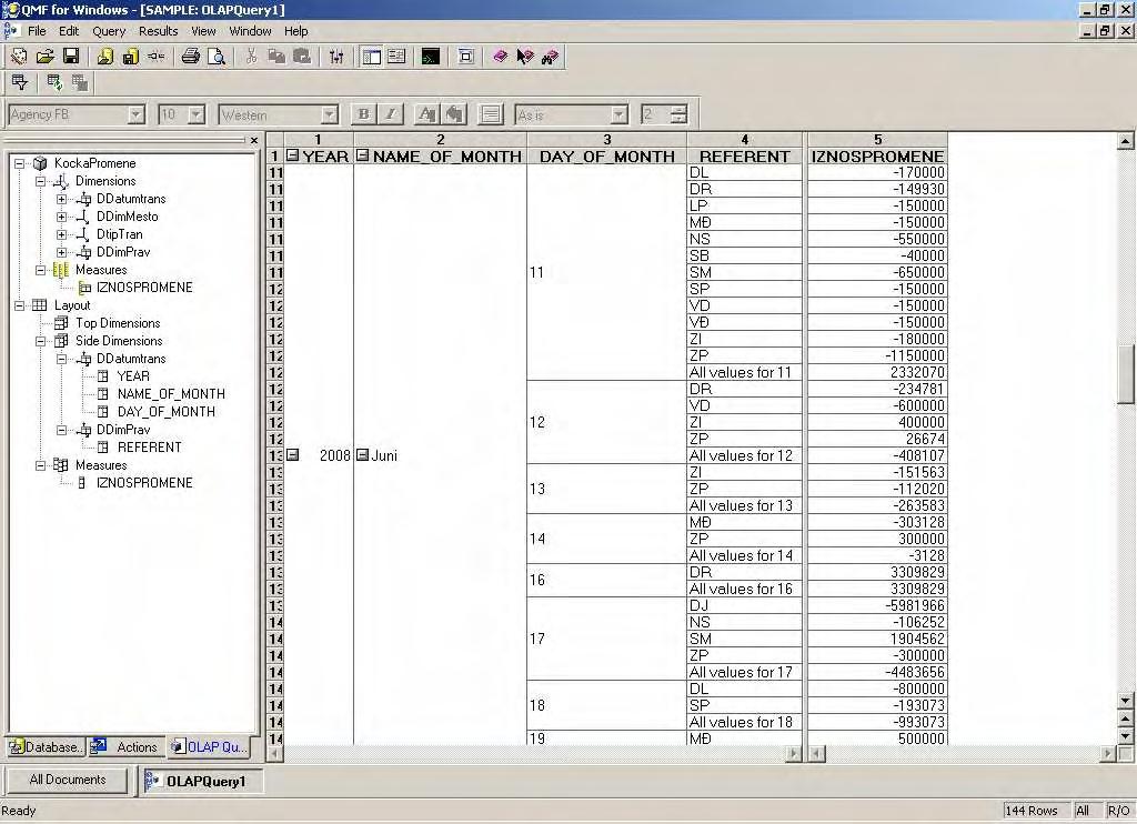 Slika 37: Tabelarni prikaz naplate duga po datumima za referente Takoñe, može da se izvrši filtriranje po željenim vrednostima za dimenzije.
