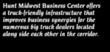 Hunt Midwest Business Center sits in the heart of Kansas City s heavily traveled I-435 industrial corridor. The industrial park is home to more than 30 businesses.