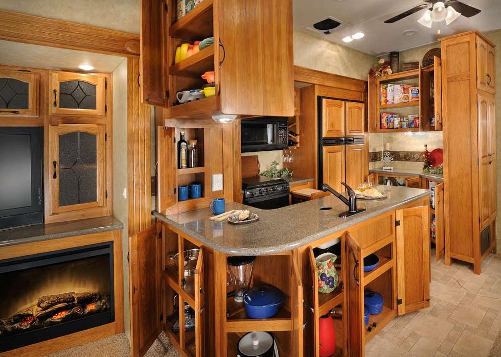Shown above is the kitchen of the 367RL with the optional 12 cubic foot 4 door refrigerator. Dare to compare the storage in the Brookstone to anyone else in the industry!
