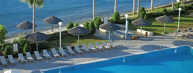 Atlantica Miramare Beach Hotel The Atlantica Miramare Beach hotel is beautifully located right on the beach, overlooking the blue water of the Mediterranean Sea and in the centre of the urist area of