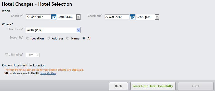 Select room and rate in the normal manner. Change: Dates will allow you to change the Dates (and Time) only.