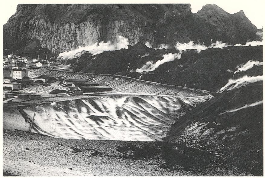 Figure 2. View on March 3rd 1973 towards north from the landslide (collapsed NW crater rim) over the main lava barriers.