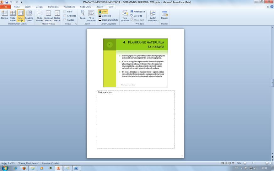 Sl.14. Prikaz stranice bilješki (Notes Page View) Prikaz za čitanje (Reading View) prikazuje prezentaciju preko čitavog ekrana.