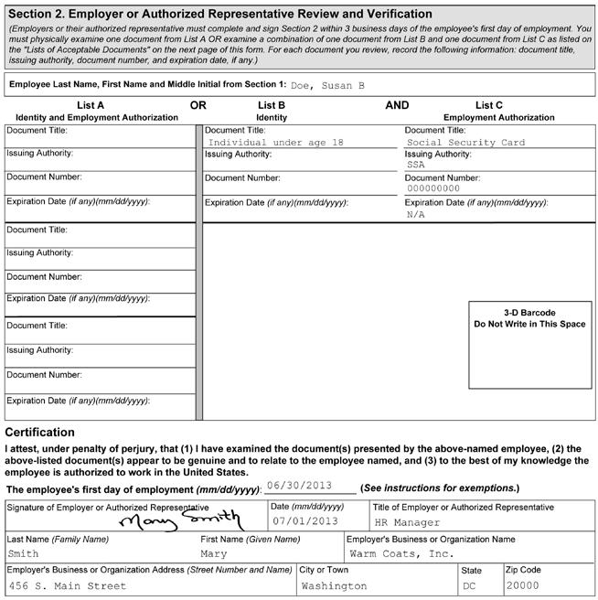 1 2 3 4 5 Figure 4: Completing Section 2 of Form I-9 for Minors without List B Documents 1 Enter the employee s name from Section 1 at the top of Section 2.