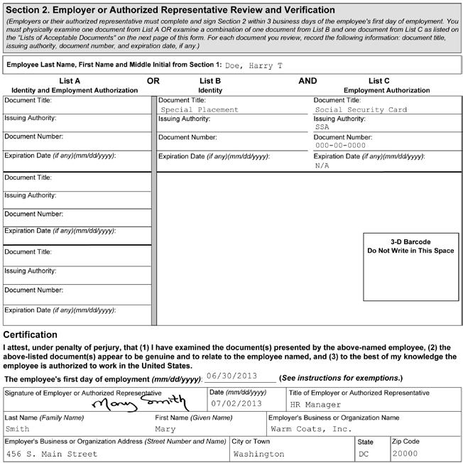 1 2 3 4 5 Figure 6: Completing Section 2 of Form I-9 for Employees with Disabilities (Special Placement) 1 Enter the employee s name from Section 1 at the top of Section 2.