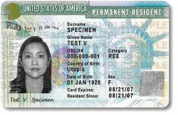 The card is personalized with the bearer s photo, name, USCIS number, alien registration number, date of birth, and