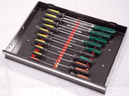 #6040 14 Tool Low Profile Screwdriver Rail Set - Red Screwdriver Rail Organizers Our 3 piece rails hold up to 20 screwdrivers per set, and are ideal for toolbox drawers. Trims easily for a custom fit.
