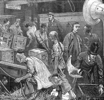 Far left: Barrels of liquor at London Dock, 1890 Left: Barrels on a barge at London Dock Below: