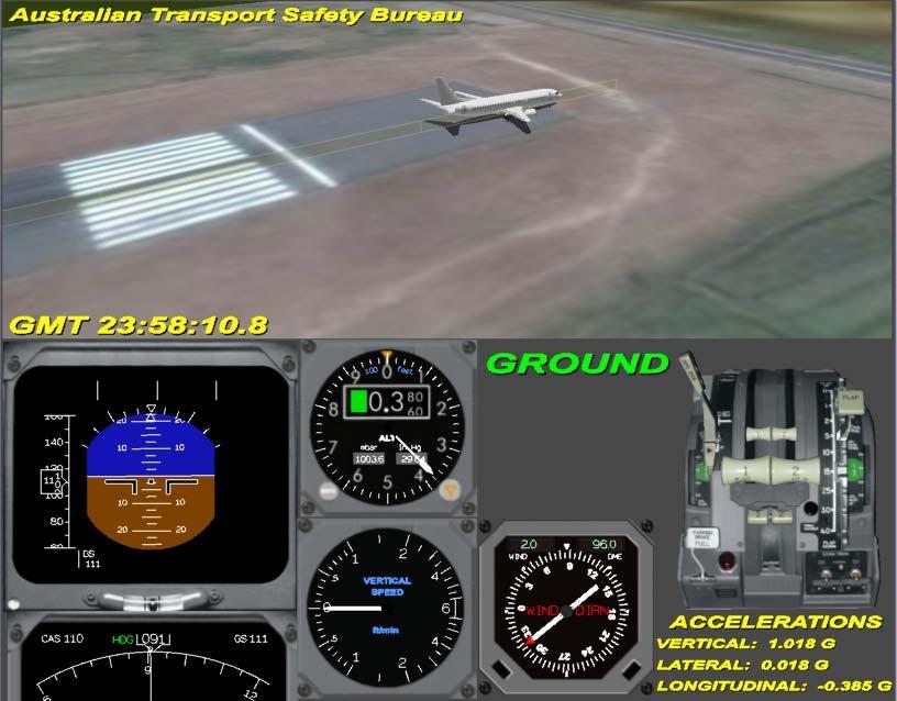 Figure 15: Flight path animation of aircraft leaving paved runway landing roll distance The flight path animation showed the aircraft passing over the runway threshold line marking at 23:57:47.