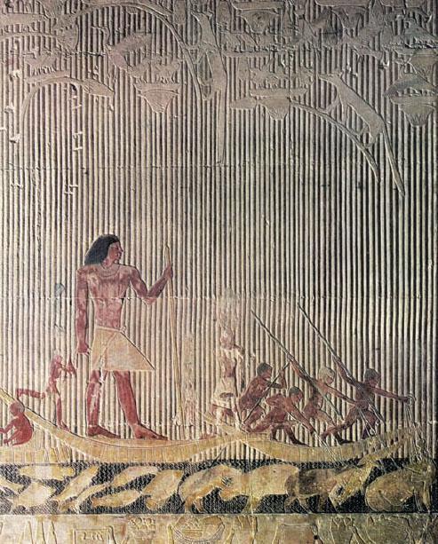 Ti Watching the Hippopotamus Hunt, c. 2400 B.C.E., Painted limestone, Tomb of Ti, Saqqara, Egypt CONTEXT : Murals that are put into mastabas.