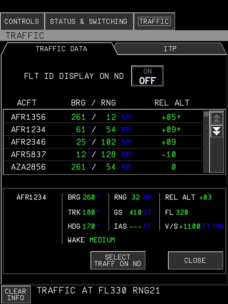 ATSAW Traffic Page on MFD The AESS TRAFFIC page on the MFD: provides the traffic information (using ADS-B data coming from others aircraft) possibility to