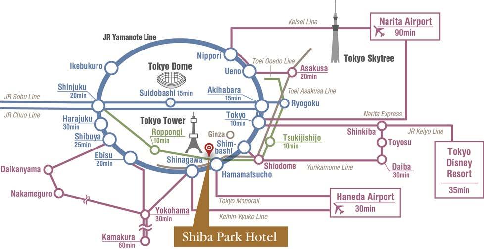 Access Information 8 minute walk from Hamamatsucho Station on the JR Line and Monorail 4 minute walk from Daimon Station on the subways: Toei Oedo Line / Toei Asakusa Line 2 minute walk from Onarimon